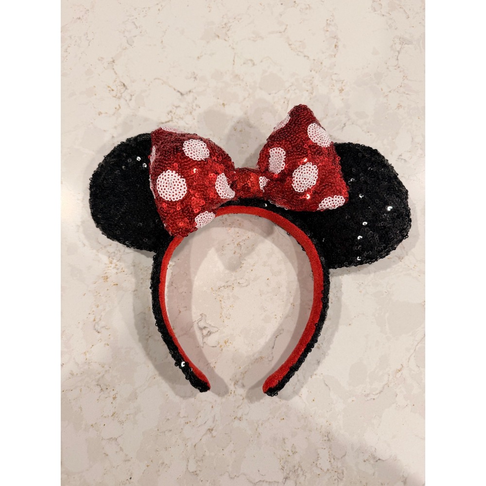 Disney Minnie Mouse Sequin Ears Headband Red White Polka Dot Bow Black Sparkle